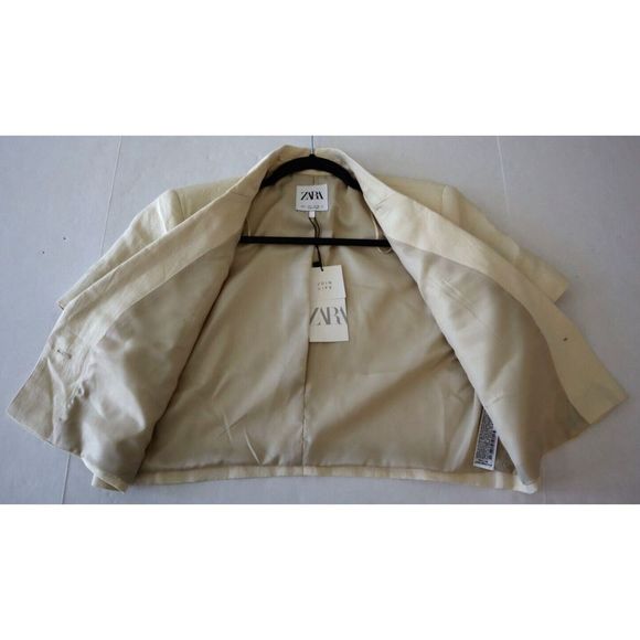 Zara Women's Sz Large Beige Basic Short Sleeved Linen Blend Cropped Blazer - Picture 5 of 7
